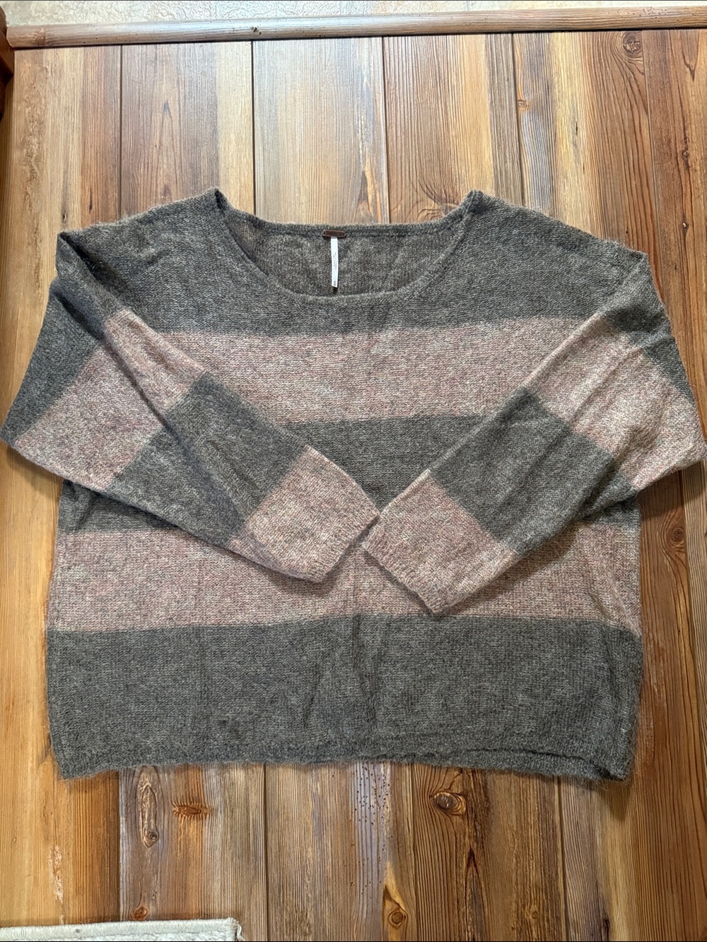 Free People Striped Crewneck Sweater - Gray & Dusty Pink